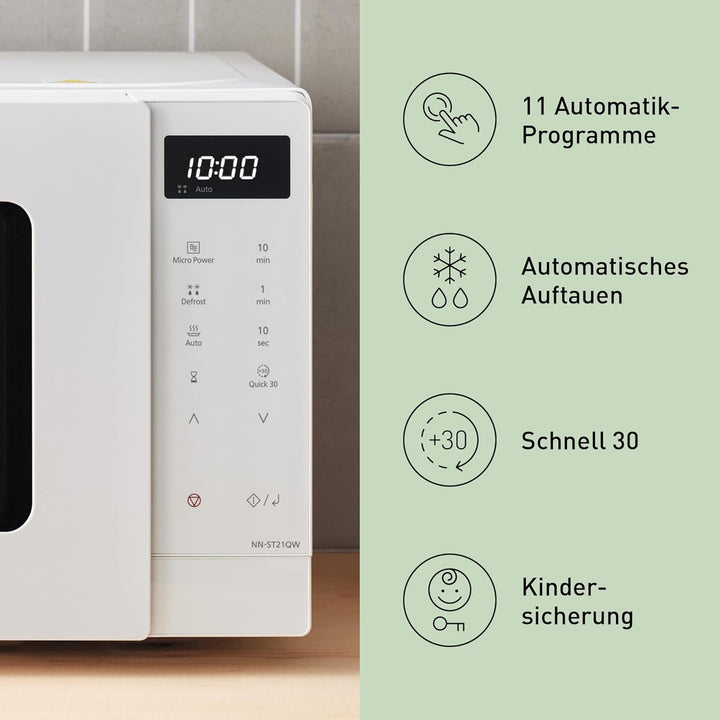 Panasonic NN-ST21QWEPG 20L Solo-Mikrowelle mit Drehteller, 800 W, automatisches Auftauen, 11 Automat