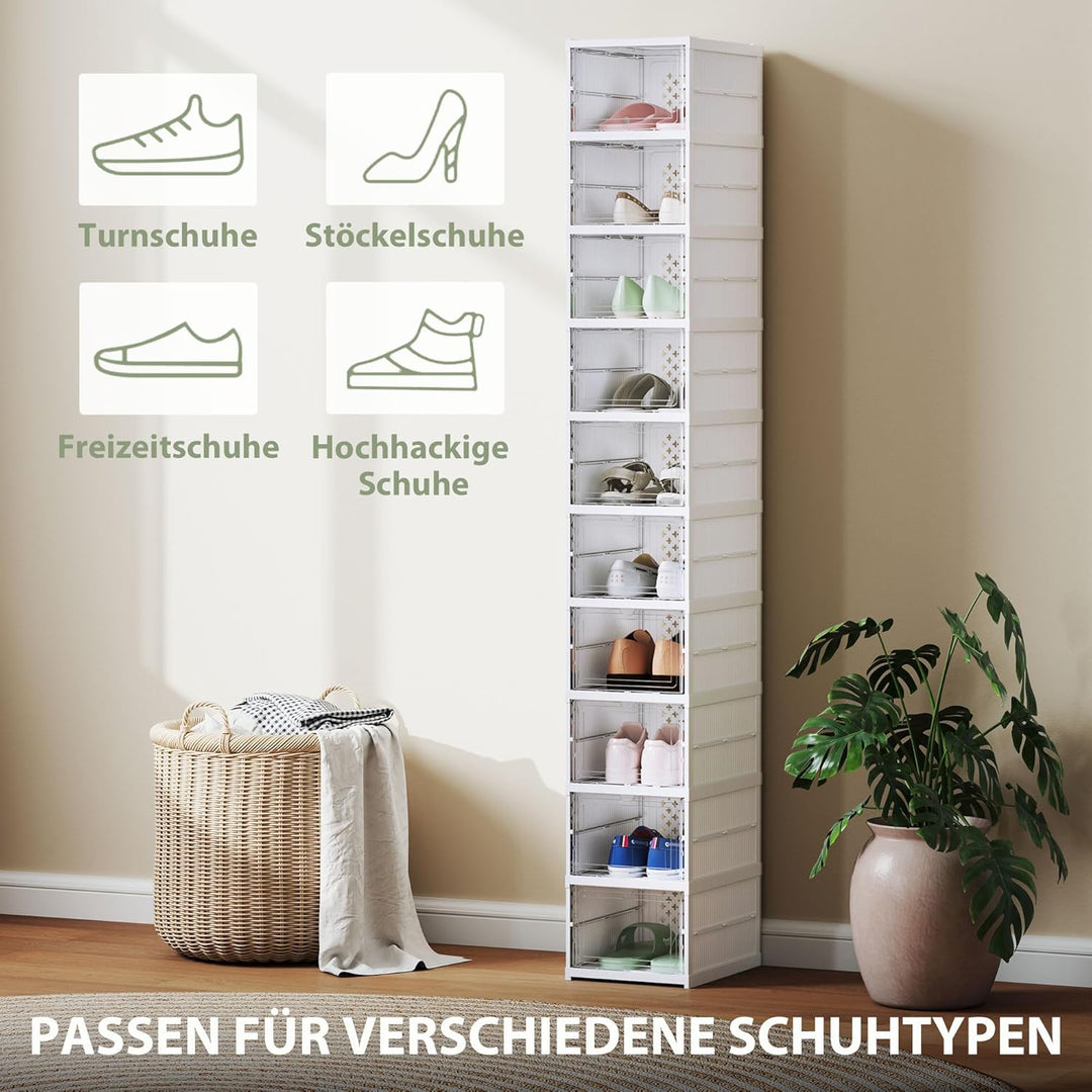HOMCOM Schuhboxen 10 Stück Stapelbare und Faltbar Schuh-Organizer mit Transparenten Türen, Platzspar