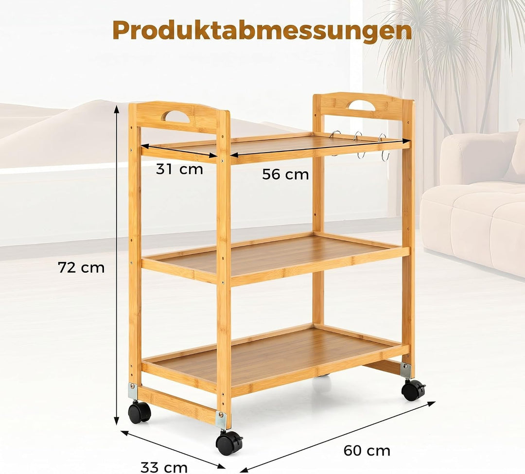 COSTWAY Servierwagen Bambus, Küchenwagen mit Rollen, Natur, 60 x 33 x 72 cm