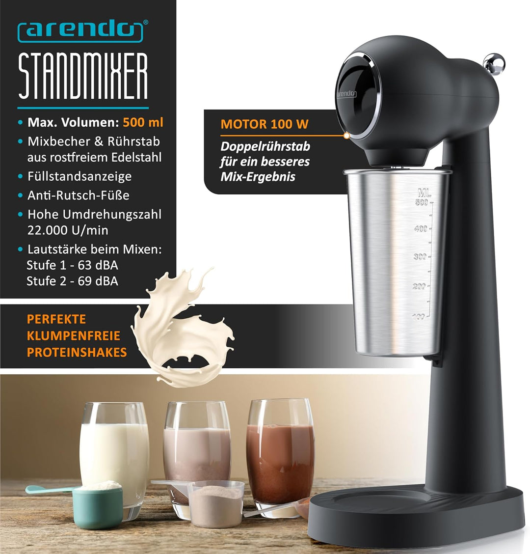 Arendo - Drink Mixer - Eiweiss Shaker - Getränkemixer - elektrischer Standmixer - 500 ml Becher - 22