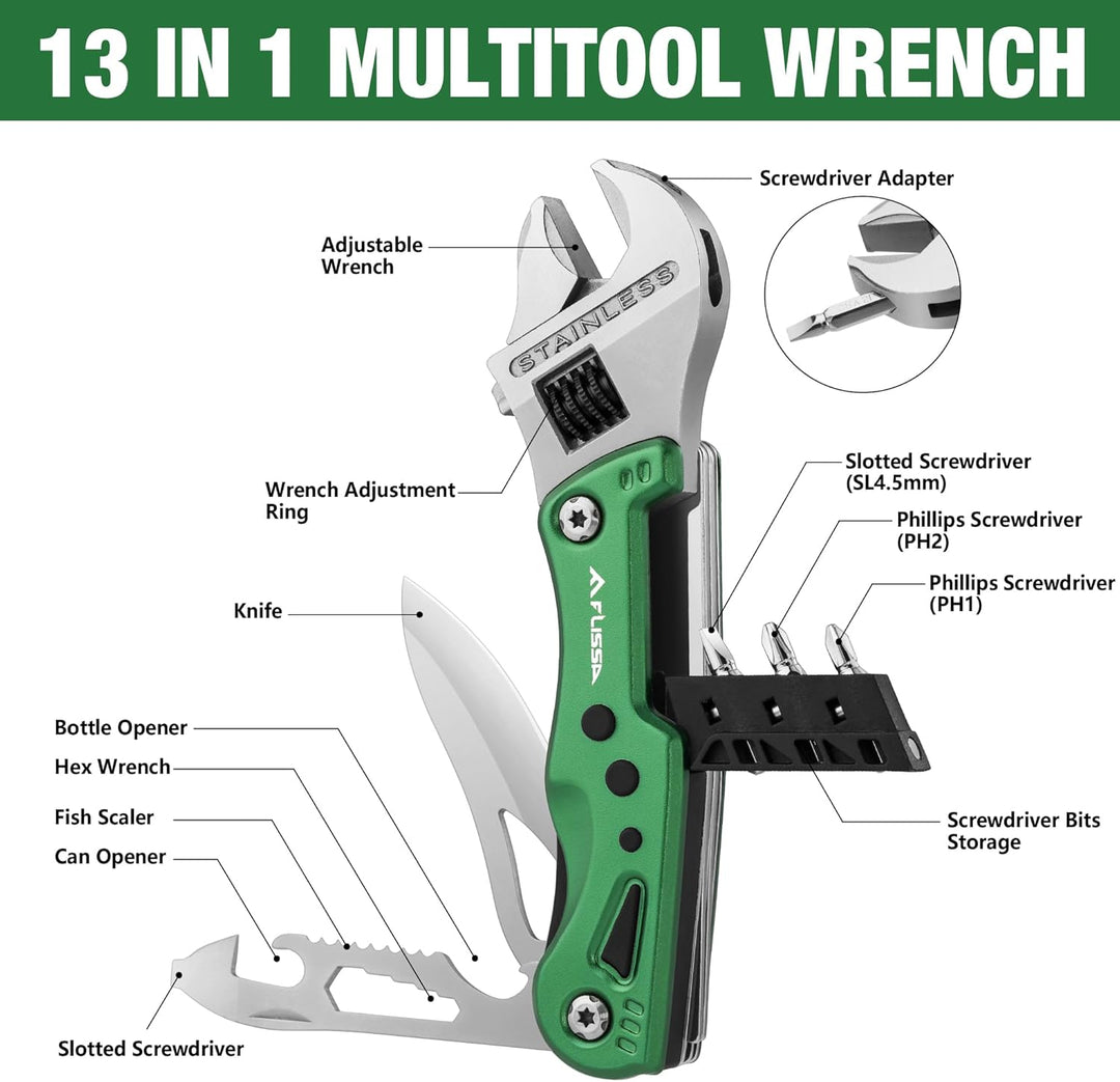 FLISSA 13 in 1 Multitool Schraubenschlüssel, Verstellbarer Multifunktionsschlüssel mit Messer, Campi