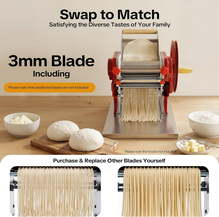 Nudelmaschine Manuell 0,5-5 mm, Edelstahl-Walzen, Tischklemme, Rot | für Spaghetti, Lasagne, Ravioli