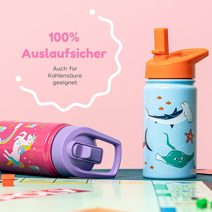 BOZ Kind Trinkflasche Kohlensäuregeeignet - Auslaufsichere Trinkflasche Edelstahl – Schule - Strohal