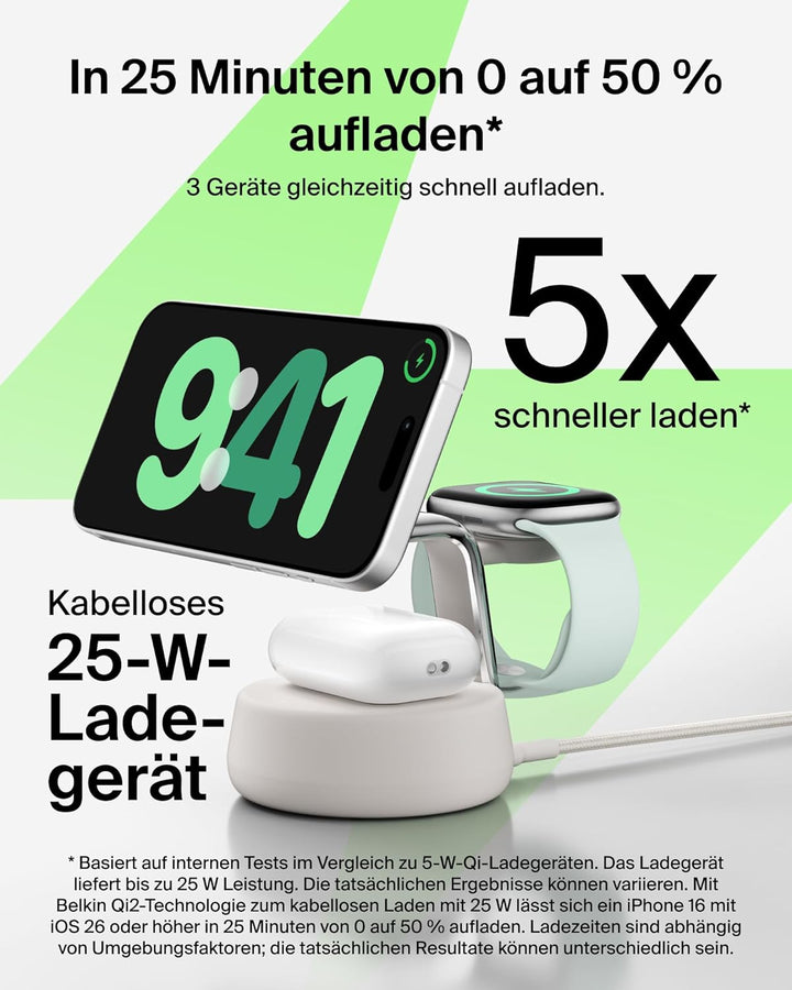 Belkin UltraCharge Pro Qi2.2 Induktive Ladestation, 25W, 3 in 1 Ladegerät MagSafe Kompatibel, Wirele