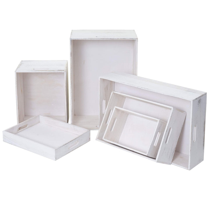 Mendler 6er Set Holzbox HWC-C20, Dekokiste Aufbewahrung Holzkiste, Shabby-Look Vintage - weiss shabb