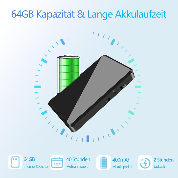 Diktiergerät Mini 64 GB - Voice-Recorder mit Sprachgesteuerter Aufnahme, Rauschunterdrückung, Audio
