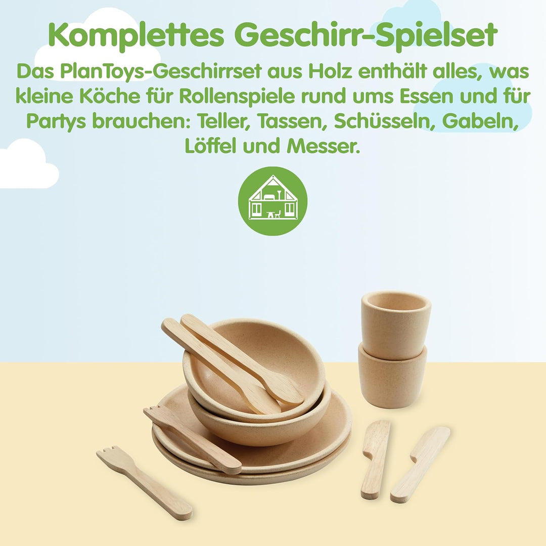 PlanToys Geschirr-Set - Kinderküche Zubehör - Geschirrset aus Holz - Holzspielzeuge 2 Jahre - Set Te