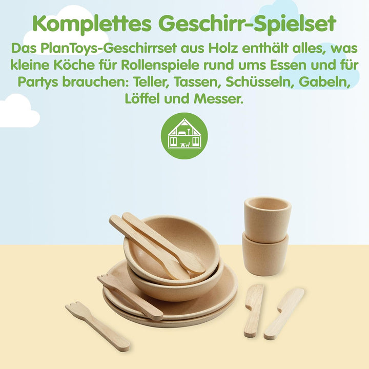 PlanToys Geschirr-Set - Kinderküche Zubehör - Geschirrset aus Holz - Holzspielzeuge 2 Jahre - Set Te