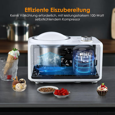 Homtone Eismaschine 0.8 L mit Kompressor 100 W, Ice Cream Maker ohne Vorgefrieren, Herstellung von E