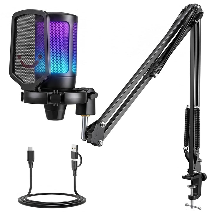 FIFINE Gaming Mikrofon PC mit Arm, Typ A/C USB Microphone Kit mit Stummschalttaste für Podcast Strea