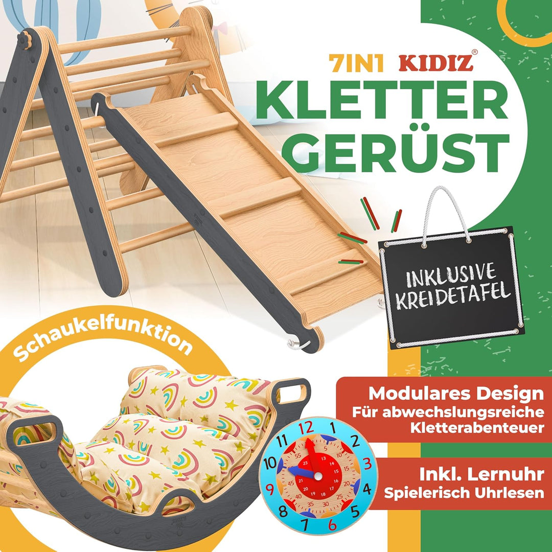 Kidiz® Klettergerüst Montessori 7in1 Spiel-Set mit Kletterbogen Rutsche Kletterdreieck aus Holz inkl
