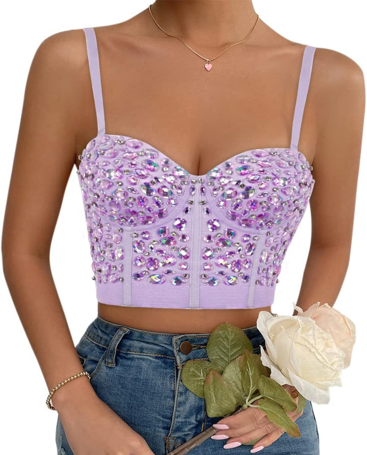 Naimo Damen Sexy Strass Bustier Push Up Crop Top Korsett BH Glitzer Kristall Tank Top Cami Weste Par