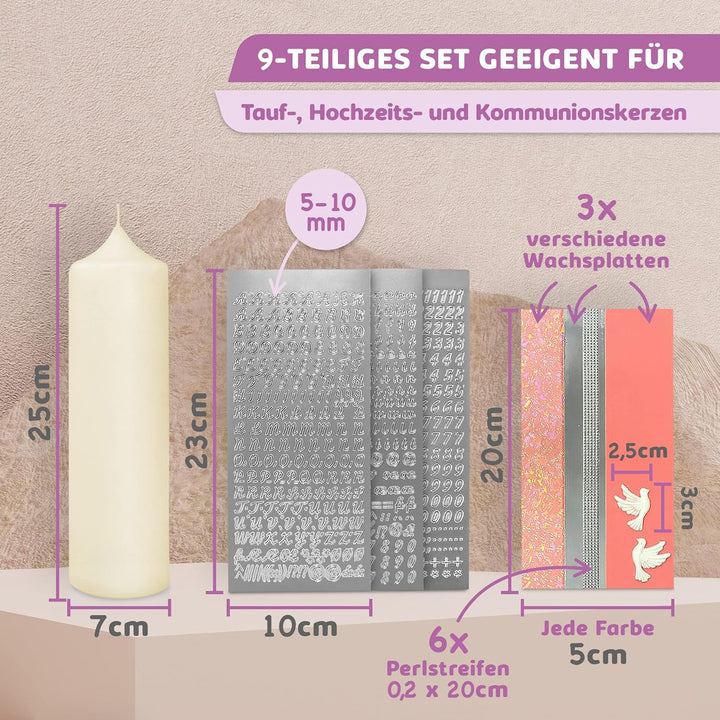 WikaKerzen Taufkerze selber Machen Set mit Kerzen-Rohling Buchstaben und Wachsplatten mit Wachsmotiv