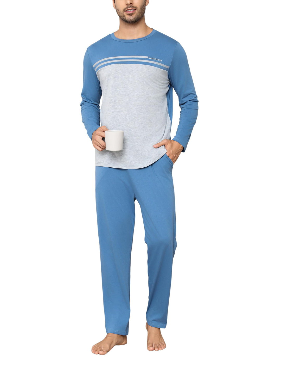 Schlafanzug Herren Lang Pyjama Winter Baumwolle Nachtwäsche Set Männer mit Knöpfen XXL Blau_1, XXL B