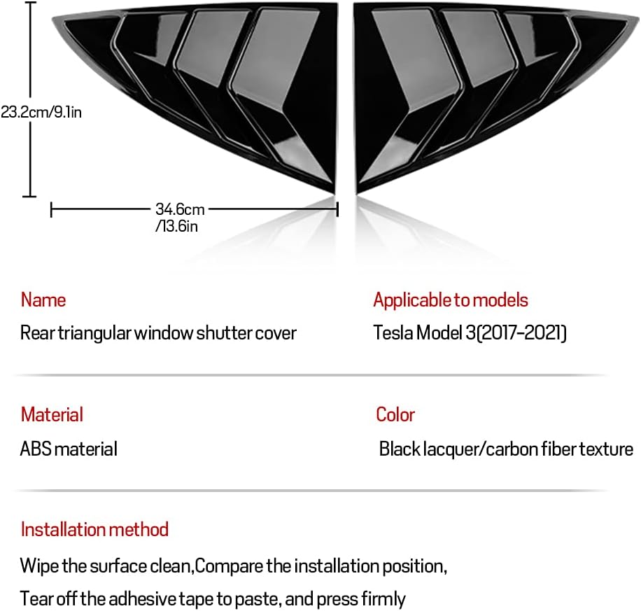 KUNGKIC Rear Side Window Louvers,Air Vent Scoop Louvers for Tesla Model 3 2017-2024,Window Scoop Lou
