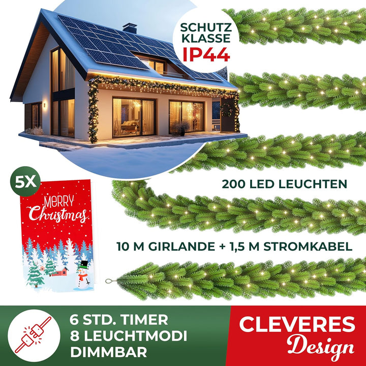 KESSER® Weihnachtsgirlande 10m mit Beleuchtung 200 LEDs - 6 Stunden Timer - LED Kette 8 Leuchtmodi -