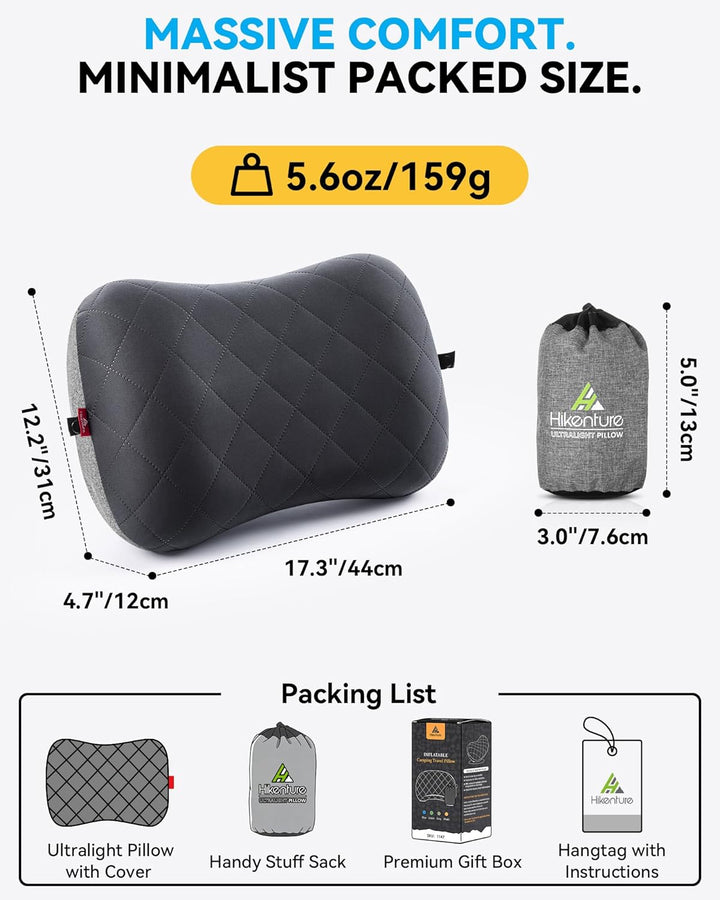 HIKENTURE Aufblasbares Camping/Reise Kissen mit Abziehbarem Kissenbezug, Ergonomisches Kopfkissen, K