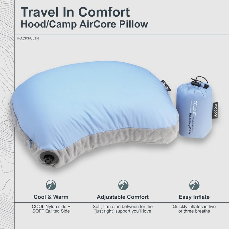 COCOON Air-Core Hood Camp Pillow - aufblasbares Camping- und Reisekissen, Farbe:light blue - hellbla