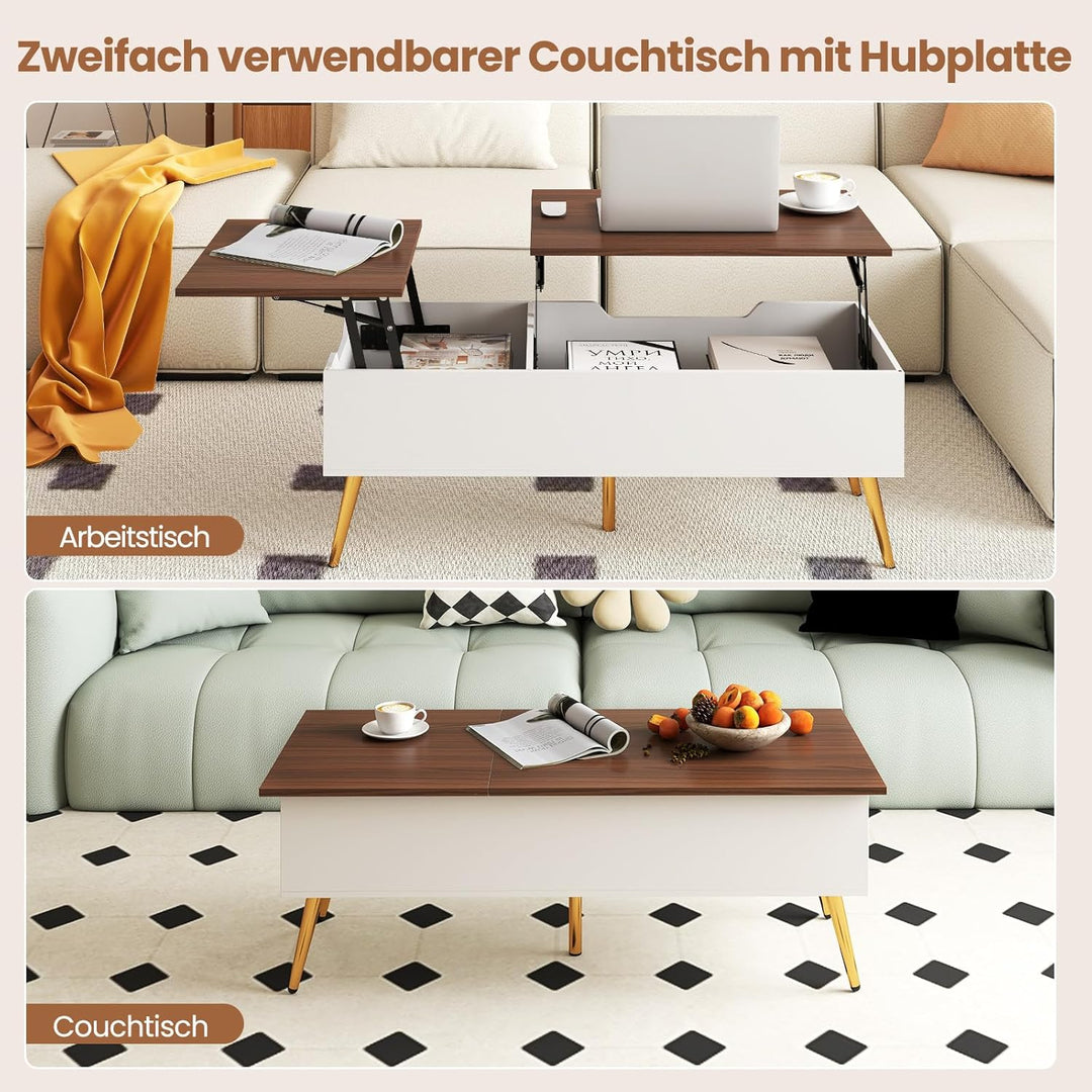 COSTWAY Couchtisch höhenverstellbar, Wohnzimmertisch mit anhebbarer Tischplatte & 2 versteckten Abla