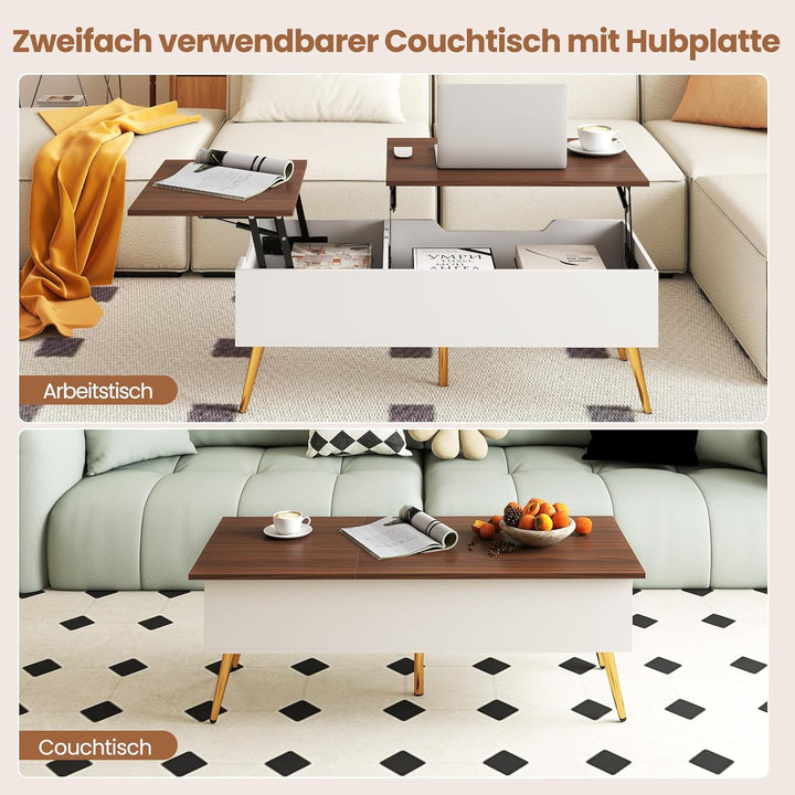 COSTWAY Couchtisch höhenverstellbar, Wohnzimmertisch mit anhebbarer Tischplatte & 2 versteckten Abla