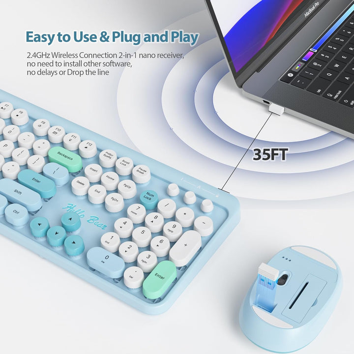 SOLIDEE kabellose Tastatur- und Maus-Kombination,Retro-Schreibmaschinen-Tastatur,2.4GHz runde Tasten
