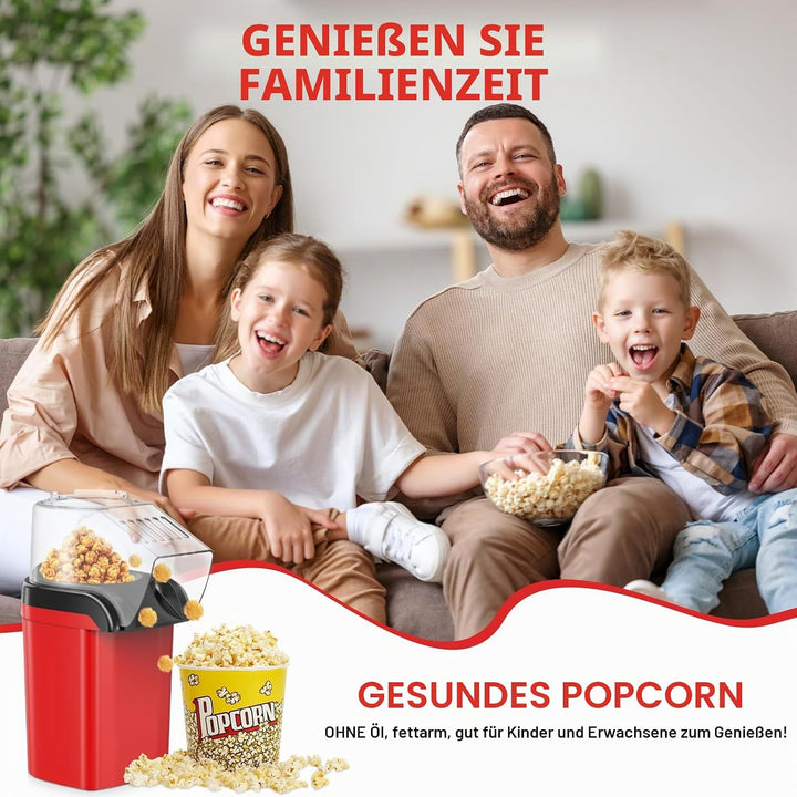 Heissluft Popcornmaschine, 1200W Heissluft Popcorn Maker mit Messlöffel, Transparenten Deckel, Nachf