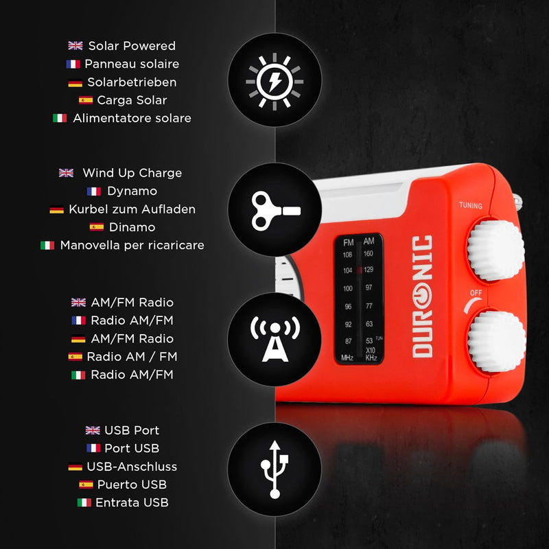 Duronic Hybrid Radio AM/FM - Aufladbar mit Solar, Kurbel und USB - 300mAh Akku - Bis zu 7h Musik mit