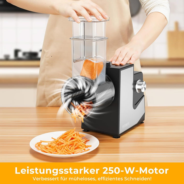FITNATE Gemüseschneider Elektrisch, Elektrische Käsereibe, Käsereibe, Reibe für Gemüse mit 5 Einsätz