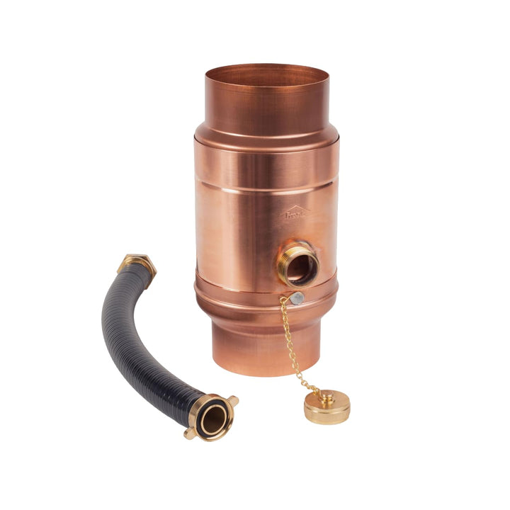 Kupfer Regenwassersammler 80 mm mit Schlauch- und Fassanschluss für das Fallrohr, Regensammler 85% W
