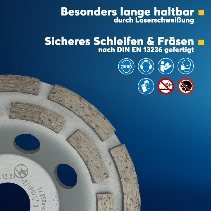 EDW Diamant-Topfschleifer Schleiftopf, doppelreihig, 125 mm, Schleifteller, Bohrung 22,2 mm, für Bet