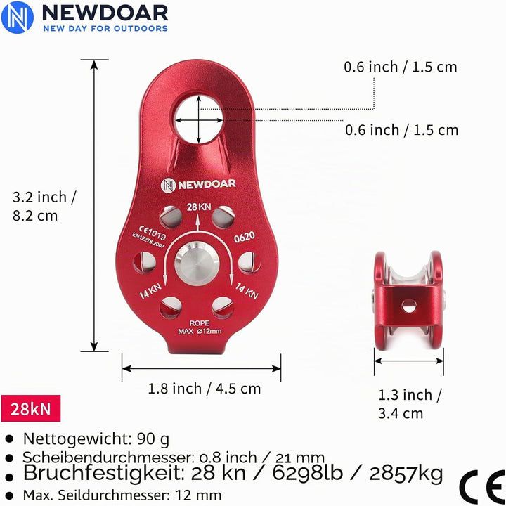 NewDoar CE-Zertifizierter 28KN Mikro Seilrolle Umlenkrolle für Seile mit max. Durchmesser bis 12 mm