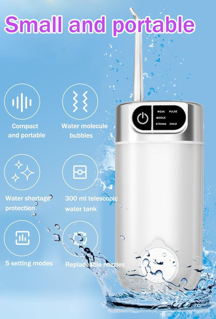Jet Dentaire Hydropulseur Portable, 300 ML Water Flosser avec 5 Modes de Pression d'eau et 4 Embouts