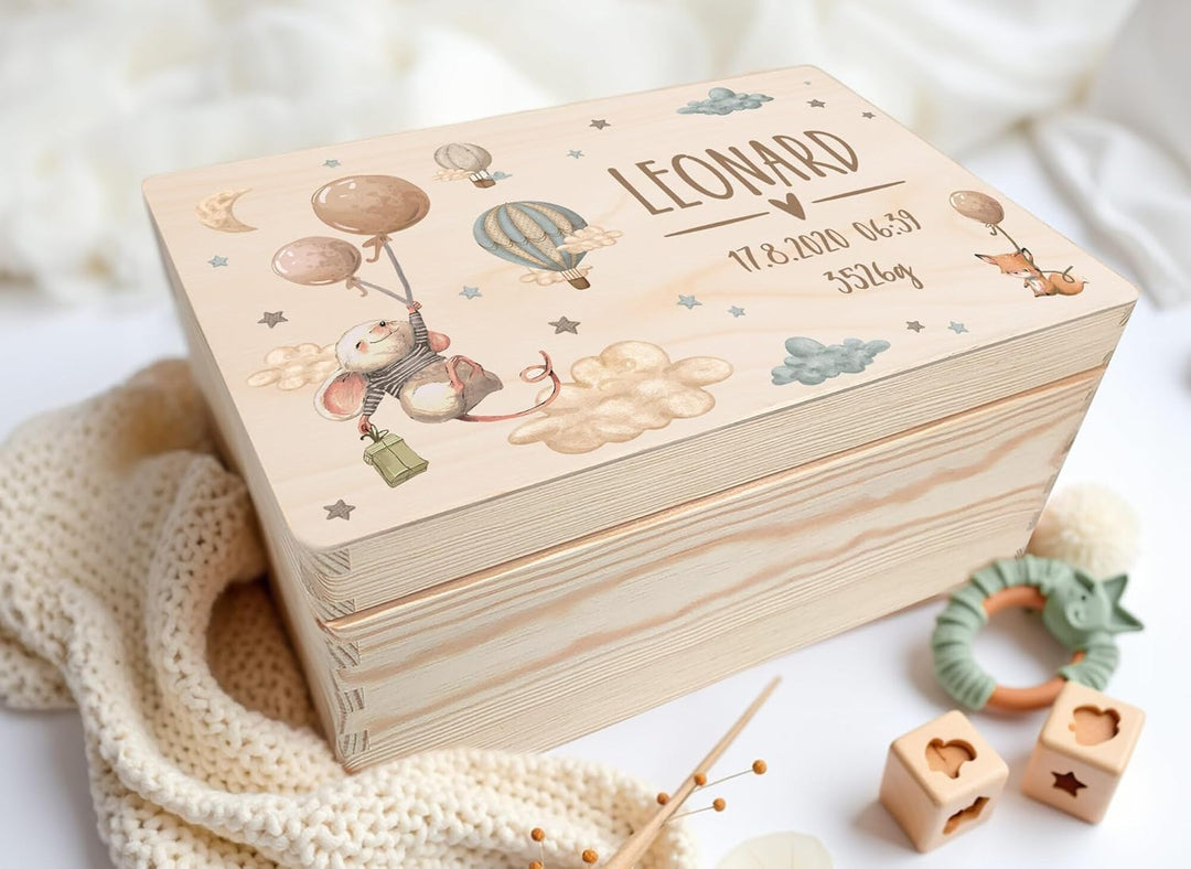 Little Deco Erinnerungskiste Baby personalisiert Maus mit Ballon | 40 x 30 x 22 cm | Erinnerungsbox