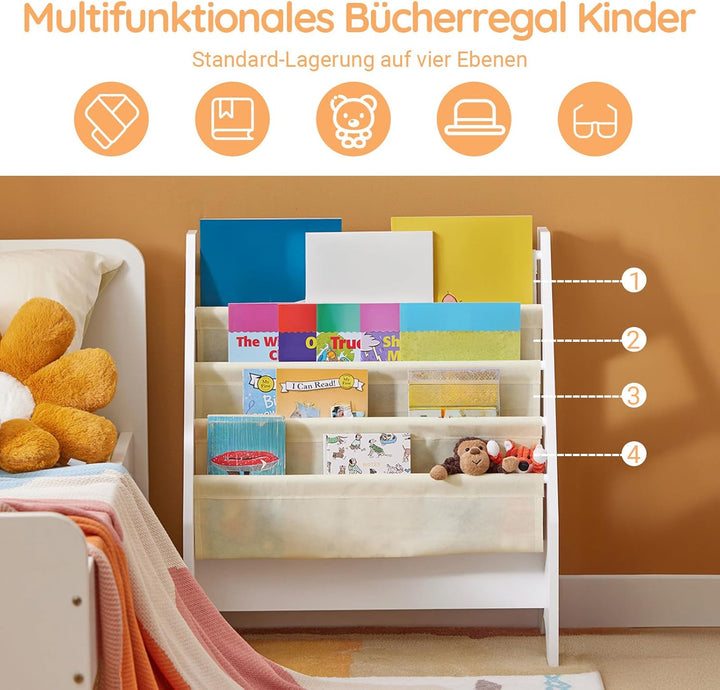 SoBuy FRG225-W Kinder-Bücherregal Hängefächerregal Zeitungsständer mit 4 Ablagefächern Büchergestell