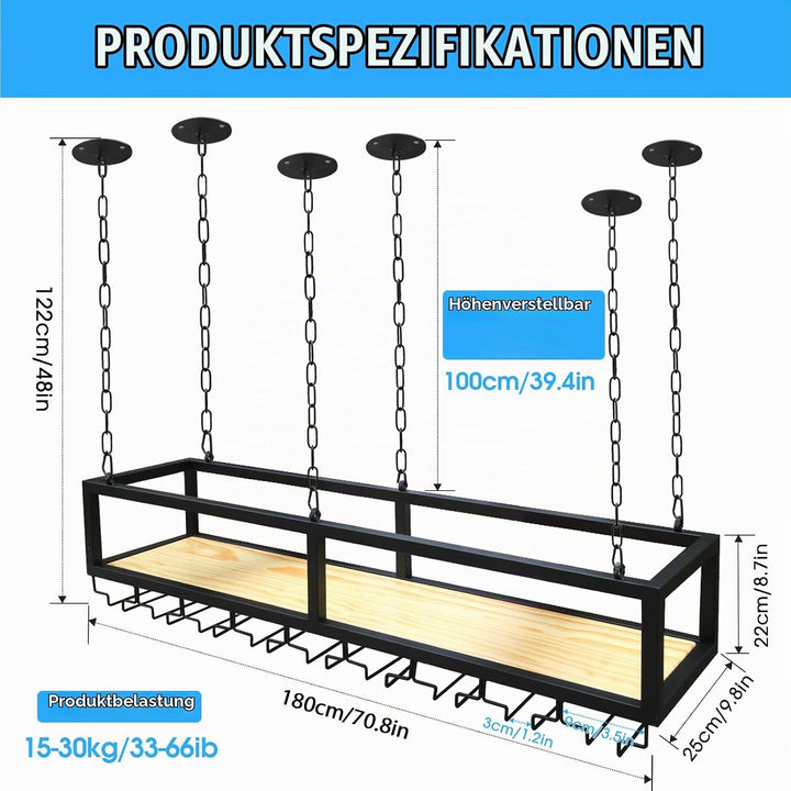 Deckenregal Weinregal mit Glashalter, Hängend Metall Weinflaschenhalter, Industrielle Decke Weinrega