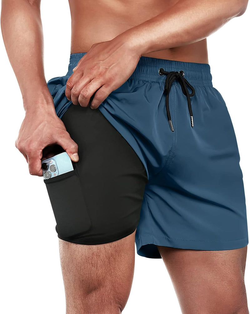 ineepor Badehose Herren mit Kompression Badehose mit innenhose Board Shorts 2 in 1 Reissverschlussta