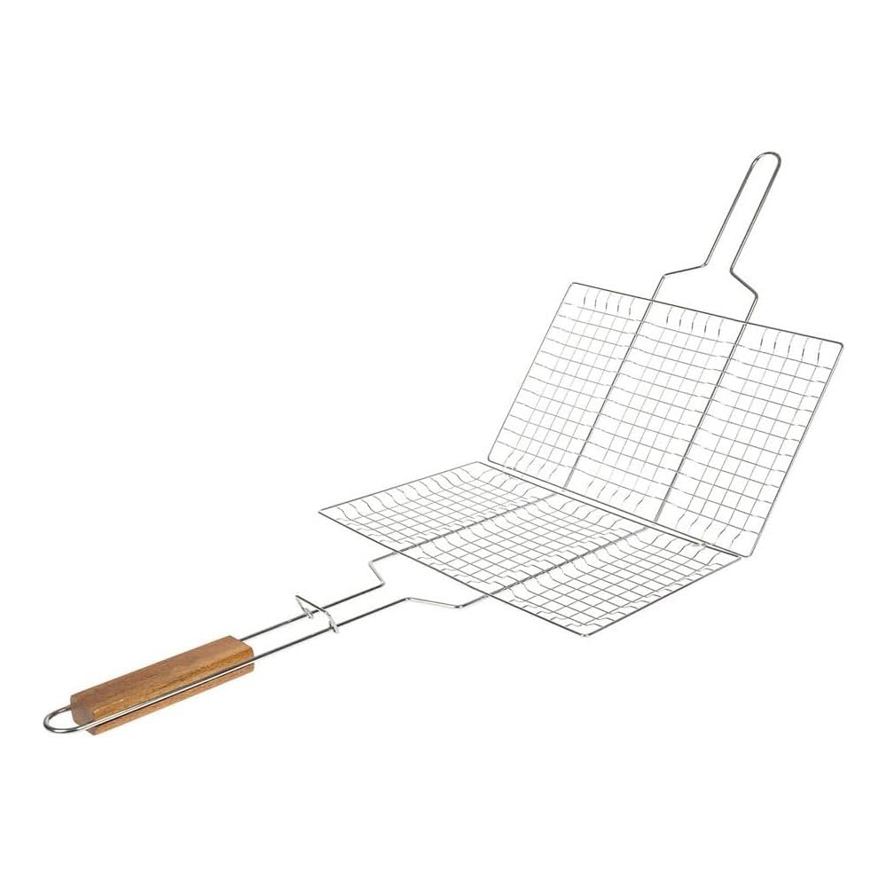 Doppelter Grillrost, rechteckig, 34 x 22 cm, aus verchromtem Stahl, mit Holzgriff – perfekt für meis
