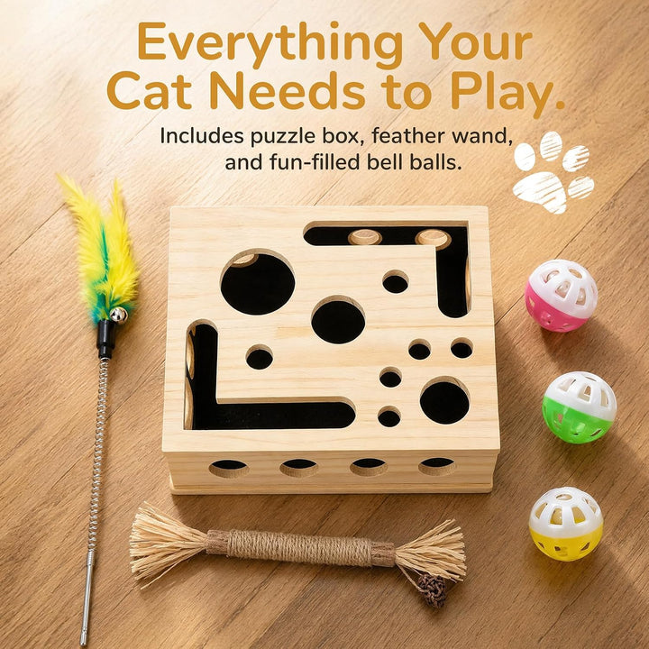 Kratzpuzzle Spielbox Holz, 30 x 25 cm Beschäftigungsbox Krallenfeile Katzen mit 3 Bällen, Katzenspie
