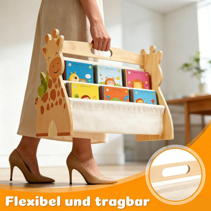 Bücherregal Kinder Holz Doppelseitig 4-spaltige 43x34x28,3cm Kinderbücherregal Klein mit Griff Monte