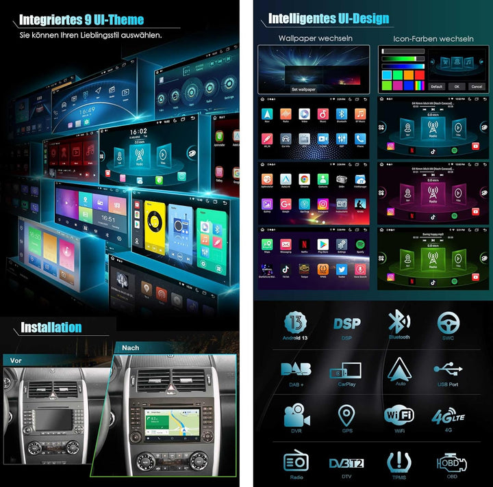 Erisin 7 Zoll Android 12 8-Kern 4GB+ 64GB Autoradio GPS Navigation für Mercedes Benz A/B Klasse W169