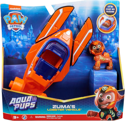 PAW PATROL, Aqua Pups - Basis Fahrzeug Spielzeugauto im Hummer-Design mit Zuma Welpenfigur, Spielzeu