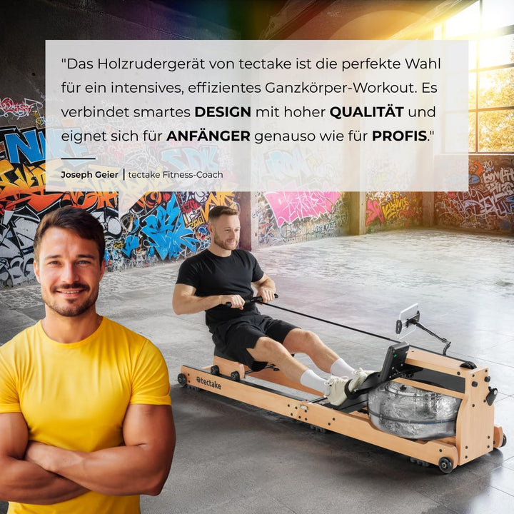 tectake® Wasser Rudergerät für Zuhause + Pulsgurt, Holzrudergerät Heimtrainer mit Wassertank, Wasser
