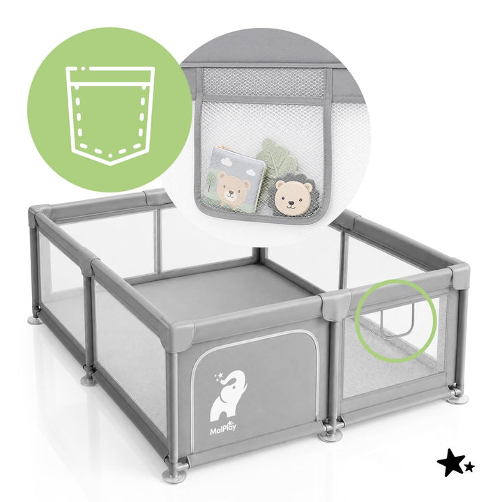 MalPlay Baby Laufstall 150x180 cm für Kinder 6–36 Monate, mobiler Kinderlaufstall mit Netzseiten, La
