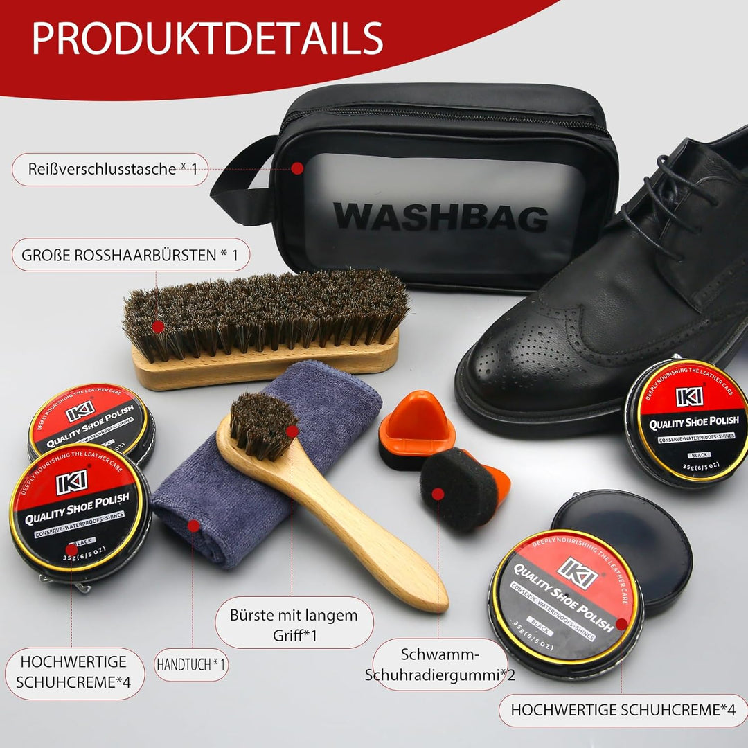 IKI 10tlg Schuhcreme & Pflegeset – Schuhputzset mit Schwarz Schuhcreme Pferdehaar Bürsten Für Leder