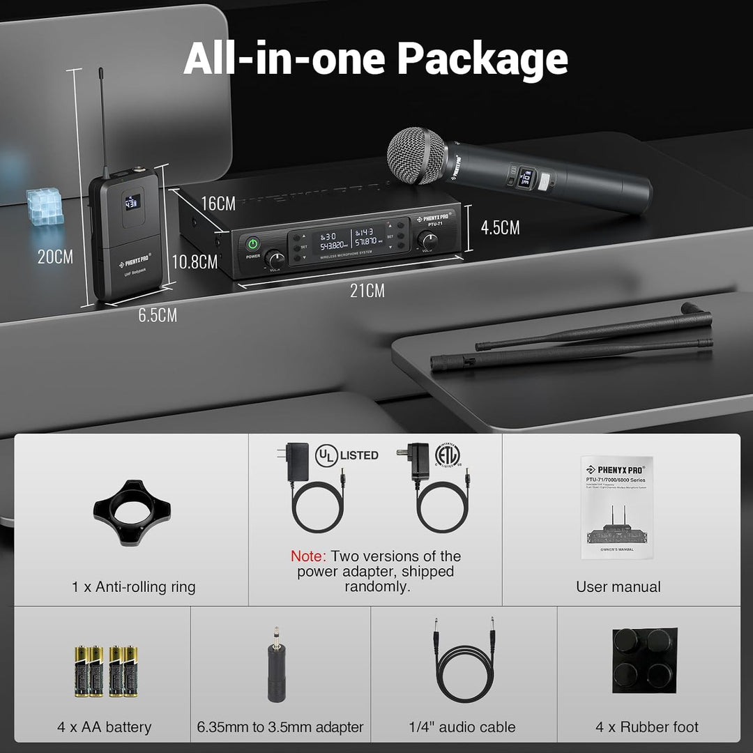 Phenyx Pro Wireless Mikrofon System mit Dual-Handheld-Funkmikrofon/Bodypack/Headset/Lapel-Mikrofon,