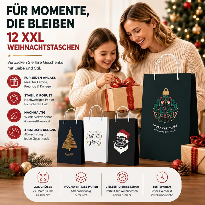 12 XXL Geschenktaschen Geschenktüten für Weihnachten: Grosse Weihnachtstüten ideal für Präsente &amp; Ge