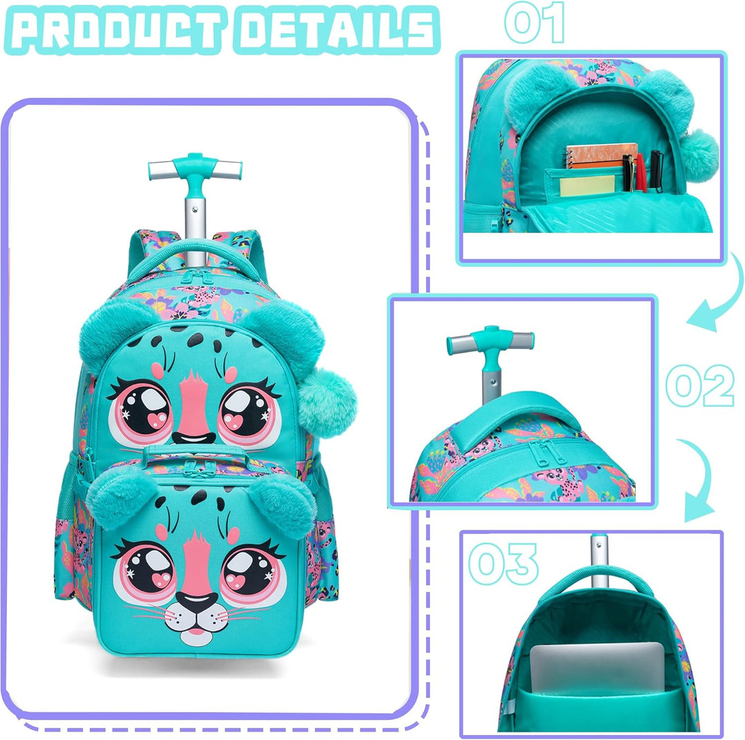 HTgroce Rucksack mit Rollen Schulranzen Trolley Mädchen 4. klasse A-grün Leopard, A-grün Leopard