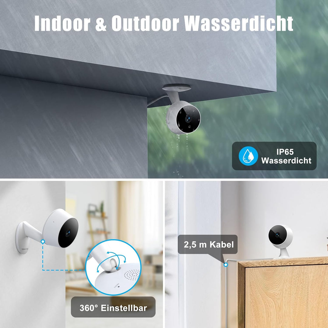 VISION WELL Mini 2K Überwachungskamera Innen- & Aussenbereich, für Zuhause, Haustiere & Babys, Beweg