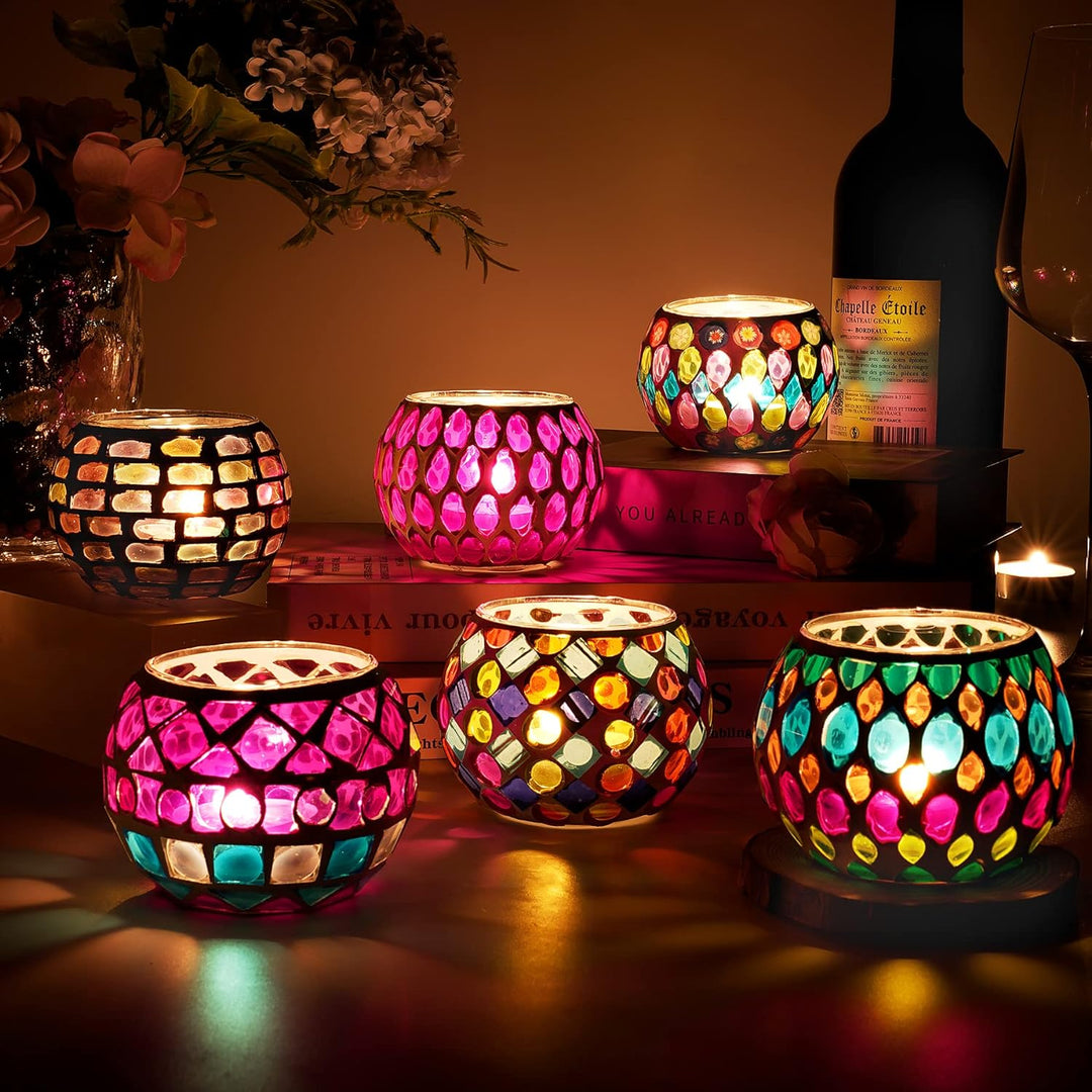 Toptime Teelichthalter 6er Set, Mosaik Glas Kerzenständer Bunte Handgefertigte Kerzenhalter, Romanti