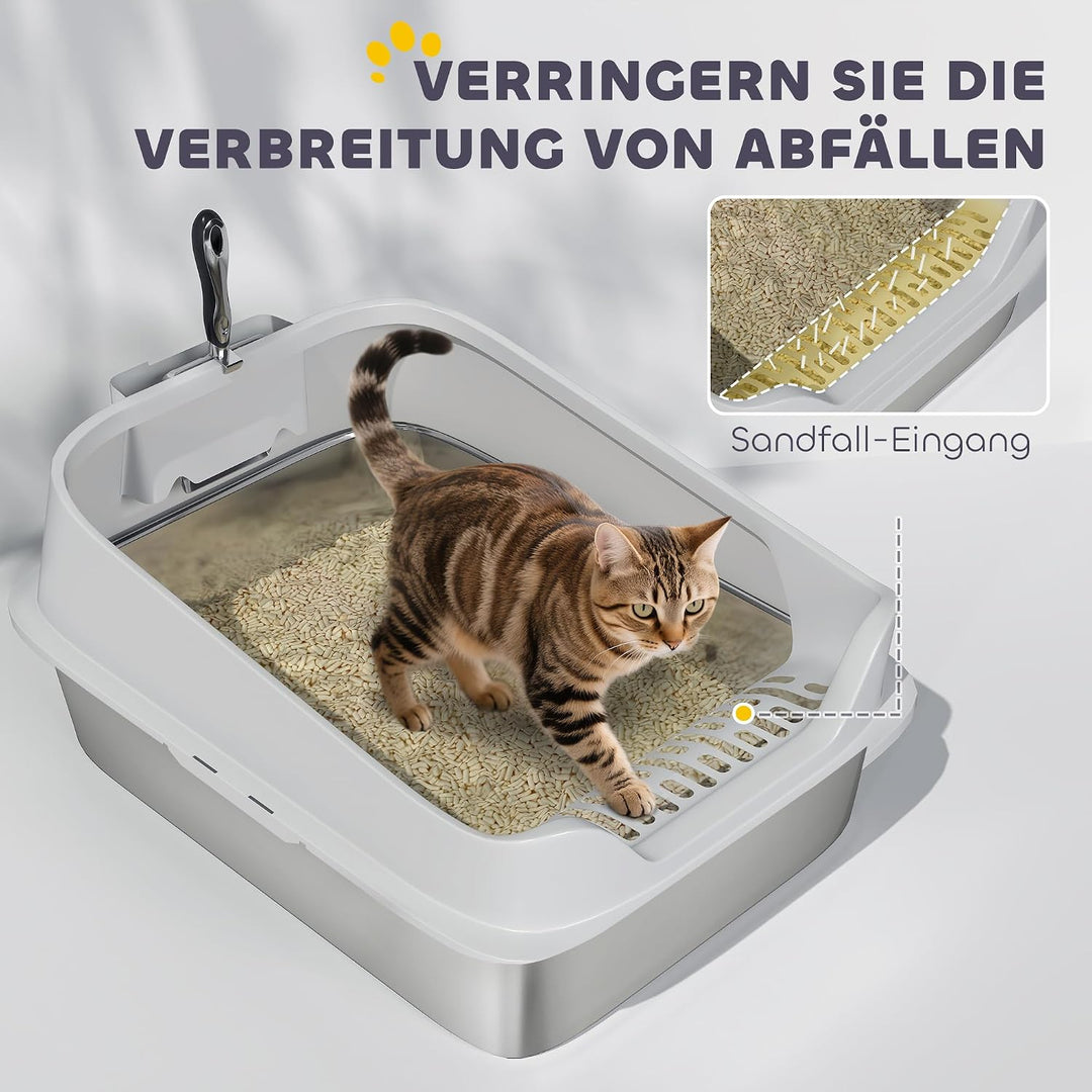 PawHut Katzentoilette Edelstahl XXL für Katzen 60,2 x 40,2 x 29,7 cm Grau | Edelstahl, Offene Katzen